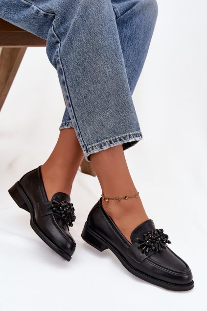 Polobotky mokasyny Dámske s ozdobou čierne murelle / Y9597 BLACK (Veľkosť 38)