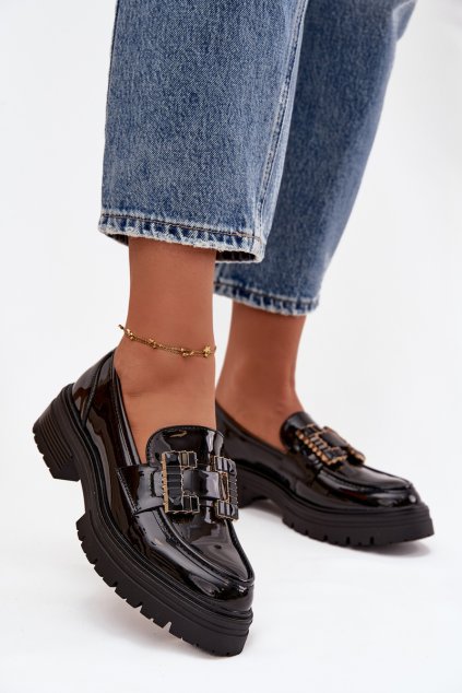 Dámske lakované mokasiny s ozdobou čierne ysandra / YL253 BLACK (Veľkosť 36)