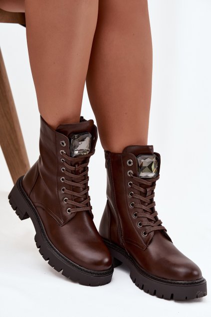 Dámské workery s ozdobou eko kůže čokoládové Karessa (Veľkosť 38)