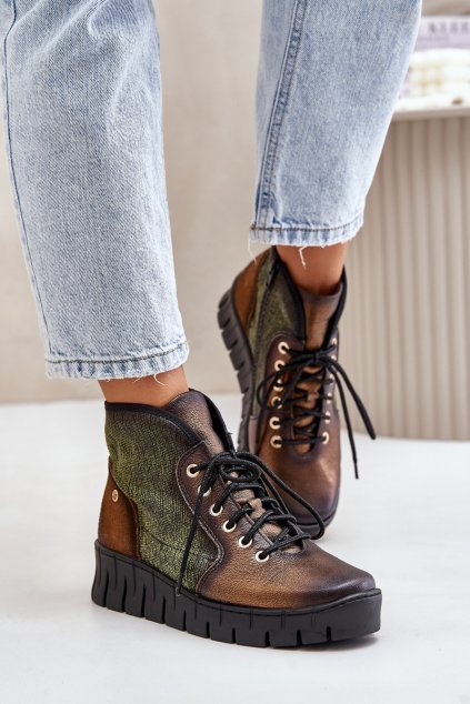 Kožené Boty Na Platformě A Klínu Maciejka 06702-09 Zeleno-Zlaté (Veľkosť 36)