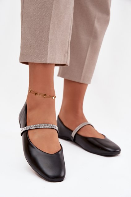 Dámske baleríny s lesklými pásky čierne ilirene / 2732 BLACK (Veľkosť 36)