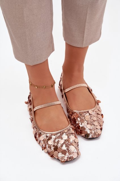 Baleríny ozdobené flitry ružové šampaňské terlina / KL2920 CHAMPAGNE (Veľkosť 36)