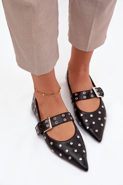 Baletky s korálky a sponou eko koža čierne arlenne / KL2929 BLACK (Veľkosť 37)