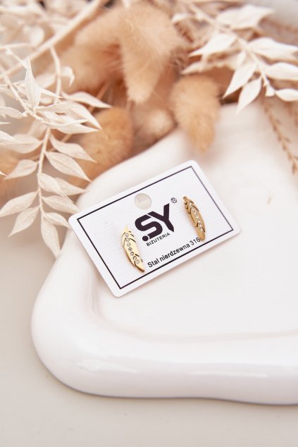 Náušnice listy se zirkony nerezová ocel zlaté / KOL.40656 (Veľkosť Uni)