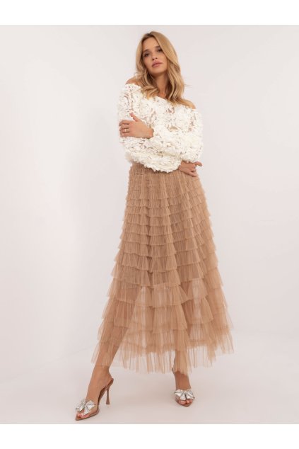 Dámska S volánom sukňa hnedá camel kód 24-TemU-H/M-TW-SD-BI-881.43P (Farba Hnedá camel, Veľkosť ONE SIZE)