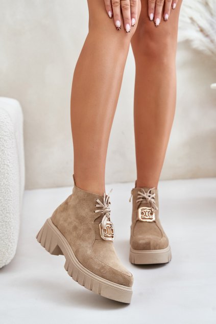 Semišové Boty Se Zlatou Dekorací Béžové Zazoo 2952 (Veľkosť 40)