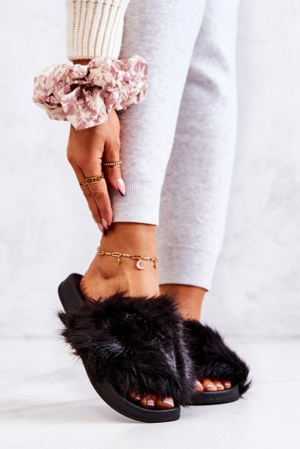 Papuče s kožušinou gumove černe pollie / DZ821 BLK (Veľkosť 37)