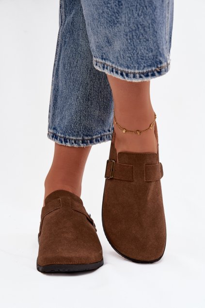 Dámske papuče a na platforme s remienkom selio / PS33P BROWN (Veľkosť 36)