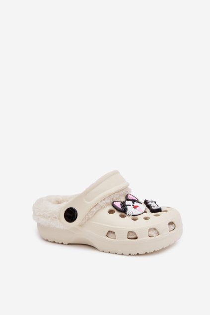 Penové Detské papuče s vyhřívaným kožúškom s prackami krémové cerelle / PP7589 CREAM (Veľkosť 28)