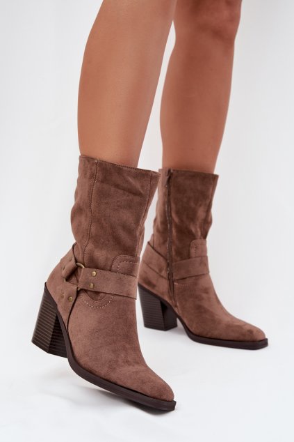 Dámské boty zateplené na podpatku s pásky a ozdobným detailem hnědé Neria (Veľkosť 36)