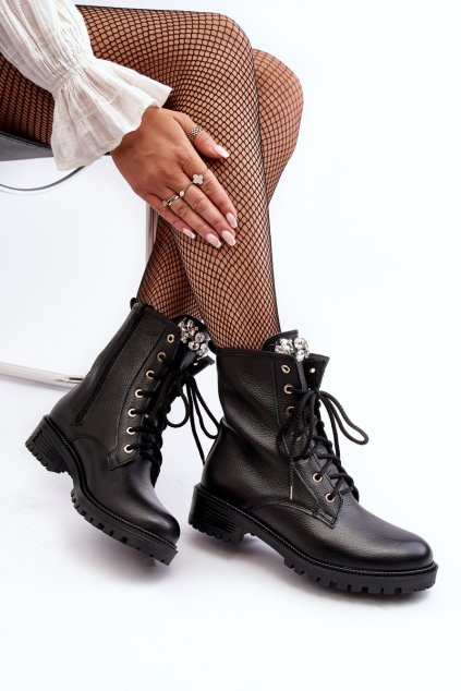 Dámské kožené workery s ozdobou Zazoo 1757 Černé (Veľkosť 38)