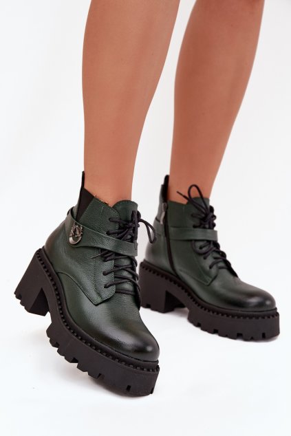 Kožené dámské boty na klínku s ozdobným páskem zateplené Zazoo 60557 tmavě zelené (Veľkosť 36)