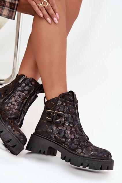 Kožené dámské kotníčkové boty s ozdobou zateplené Artiker 57C2084 Černo-zlaté (Veľkosť 36)