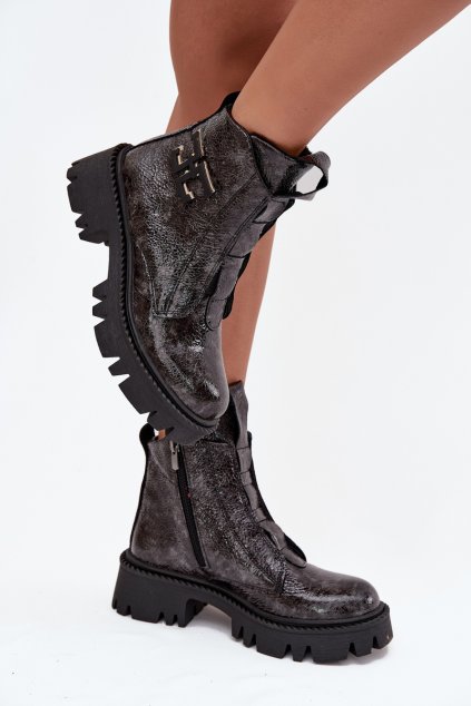 Kožené lakované dámské boty s ozdobou zateplené Artiker 57C2081 grafitové (Veľkosť 36)