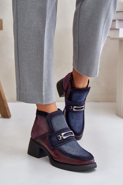 Kožené dámské kotníkové boty na masivním podpatku s ozdobou Maciejka A6747-23 bordovo-tmavě modré (Veľkosť 36)