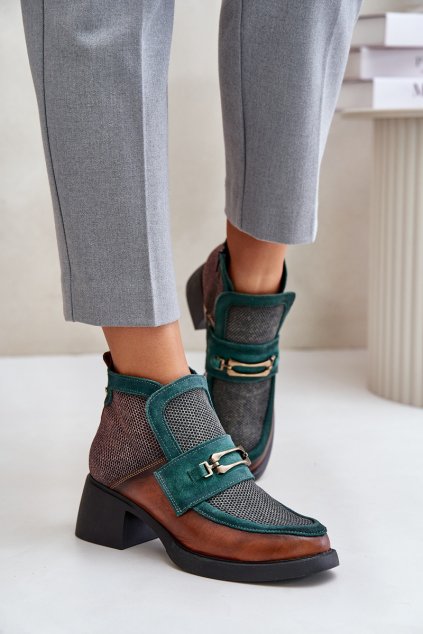 Kožené dámské kotníkové boty na masivním podpatku s ozdobou Maciejka A6747-29 hnědo-zelené (Veľkosť 36)