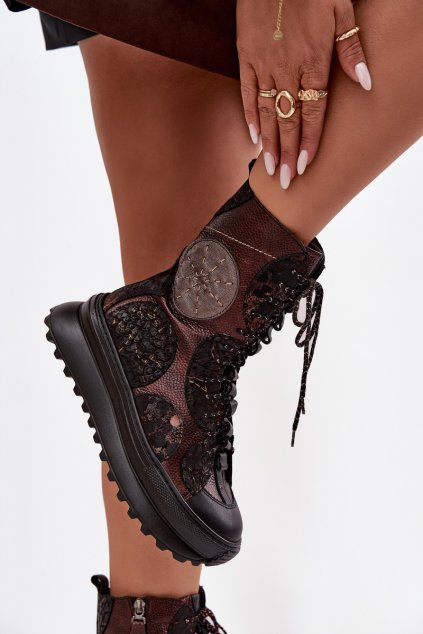 Kožené kotníkové boty na platformě s podšívkou Maciejka 06565-02 hnědozlaté (Veľkosť 36)