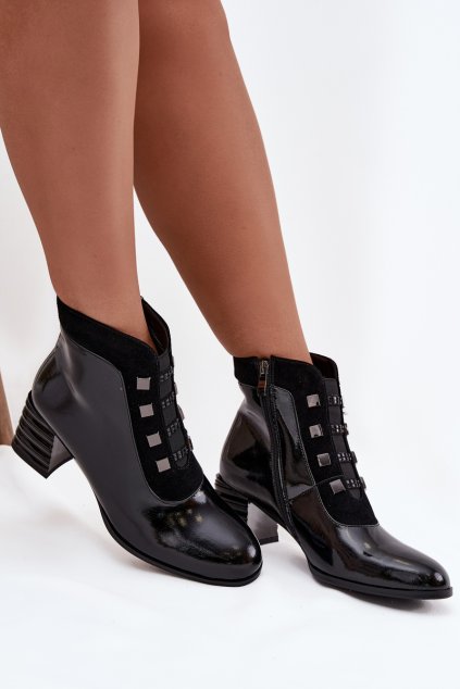 Kožené lakované dámské boty na podpatku D&A MR52-144 Černé (Veľkosť 36)