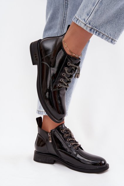 Kožené lakované dámské kotníčkové boty s ozdobným šněrováním D&A MR52-124 Černé (Veľkosť 36)