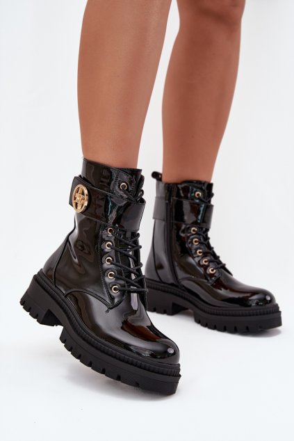 Lakované boty worker dámské se zlatým detailem zateplené černé Fiorena (Veľkosť 36)