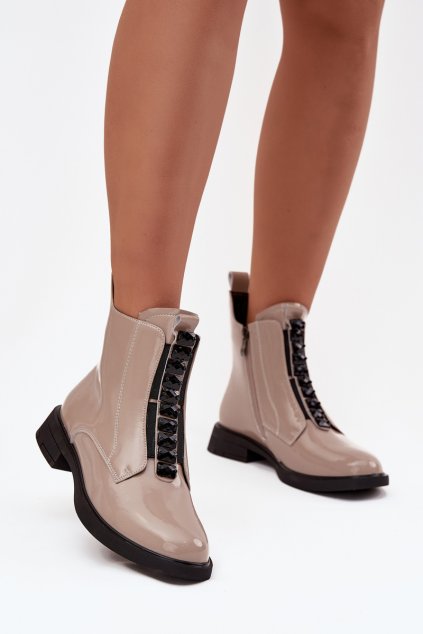 Lakované dámské kotníkové boty z pravé kůže D A MR52 108 béžové (Veľkosť 36)