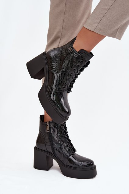 Lakované kožené dámské boty na platformě a podpatku Vinceza 66817 černé (Veľkosť 36)