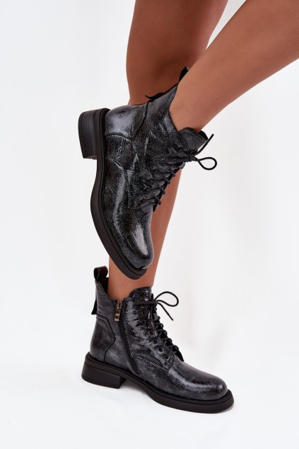 Lakované kožené dámské kotníkové boty na klínu D&A LZ52-954 tmavě modré (Veľkosť 36)