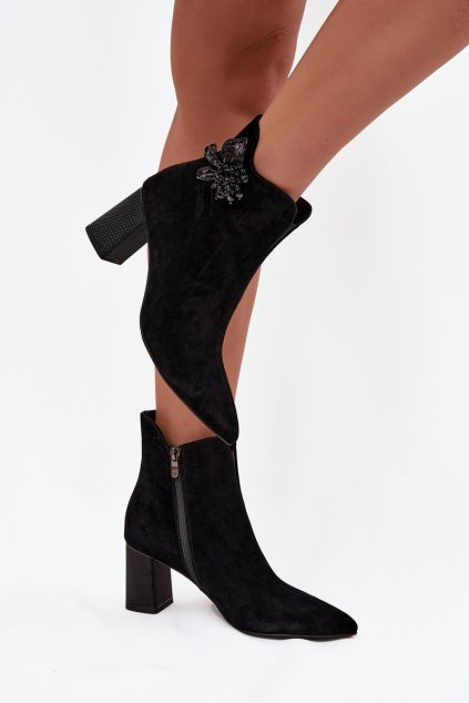 Semišové dámské boty na podpatku s ozdobou D&A CR52-686 Černé (Veľkosť 36)