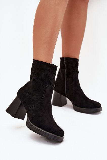 Dámske botky na podpätku z eco semišu se zipsom čierne serinna / Y2192 BLACK (Veľkosť 36)