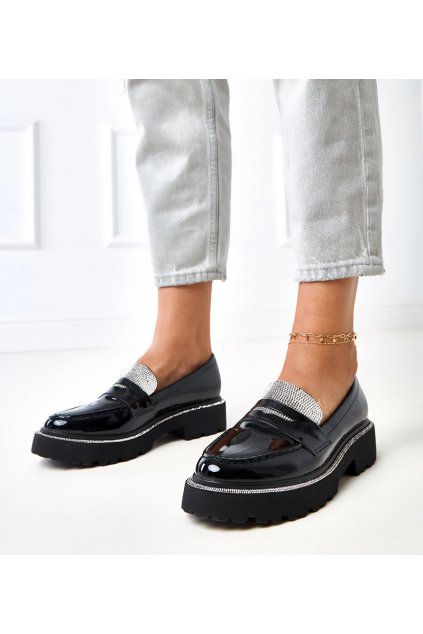 Čierne lakované mokasíny zdobené kamienkami Laures 20822-8A BLACK 38 - GM (Veľkosť 38)