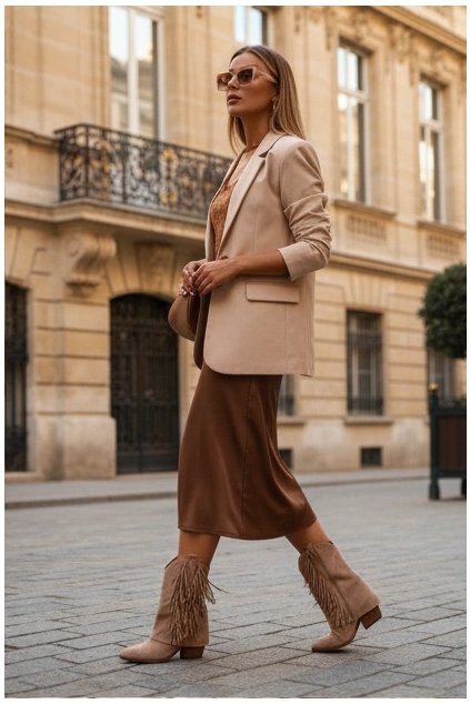 Dámske cowboy členkové topánky so strapcami na podpätku khaki gralina / 168-612 KHAKI (Veľkosť 36)