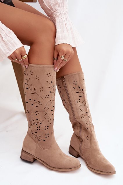 Ažurové Dámske čižmy na podpätku khaki helinna / NS596P KHAKI (Veľkosť 36)