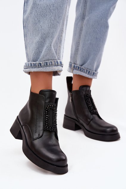 Kožené dámské kotníkové boty na klínu s ozdobou D a JC52-869 Černé (Veľkosť 36)