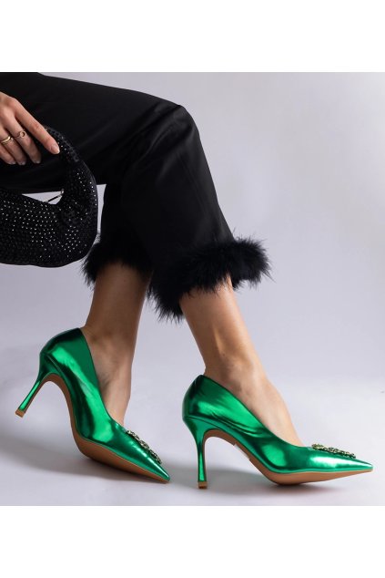 Dámske zelené lodičky so štrasmi, kód GM H8-603 (Veľkosť 37)
