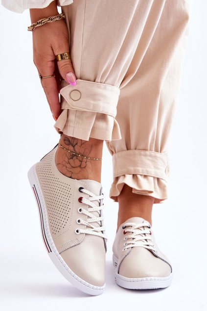 Dámské kožené ažurové tenisky béžové S.Barski LR952 (Veľkosť 36)