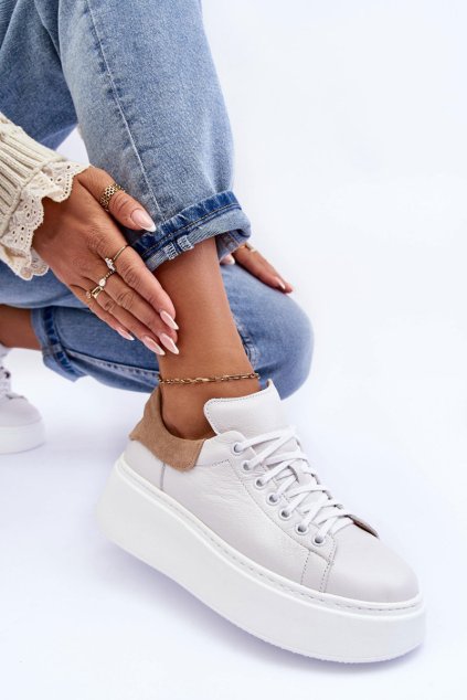 Dámské sportovní kožené boty na platformě Bílá Lemar 10150 (Veľkosť 36)