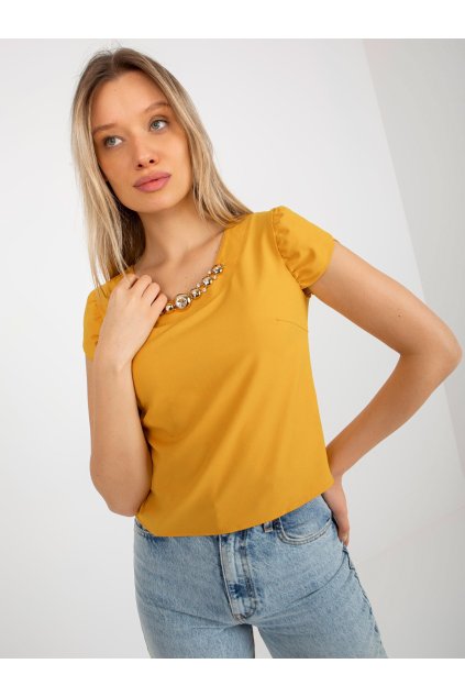 Dámska tmavo-žltá formálna blúzka s 3/4 rukávmi, bavlna, polyester, elastan, kód LK-BZ-505783-1.42P (Veľkosť 36, Farba Tmavo-žltá)