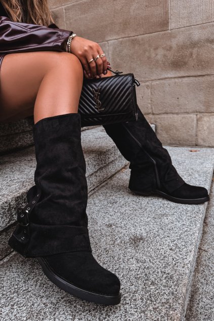 Ženské kozačky s našpulenou vrchní částí a přezkou Černé Ophelis (Veľkosť 36)