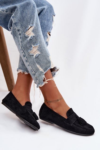 Dámske mokasíny s plochou podrážkou a strapcami čierne marilisse / G504 BLACK (Veľkosť 36)