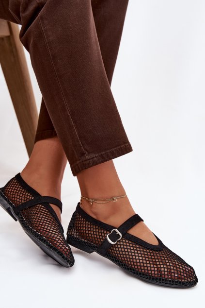 Síťované baleríny s remienkom čierne pherina / H8-529/9752 BLACK (Veľkosť 37)