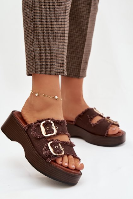Dámske papuče na platforme so zlatými sponami čokoládovo hnedé renelisse / 100-486 BROWN (Veľkosť 36)