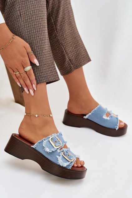 Dámske papuče na platforme so zlatými sponami modré renelisse / 100-486 L.BLUE (Veľkosť 36)
