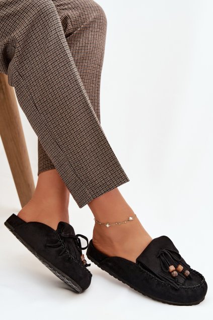 Dámske papuče mule so strapcami a korálky čierne belissa / H8-528 BLACK (Veľkosť 36)