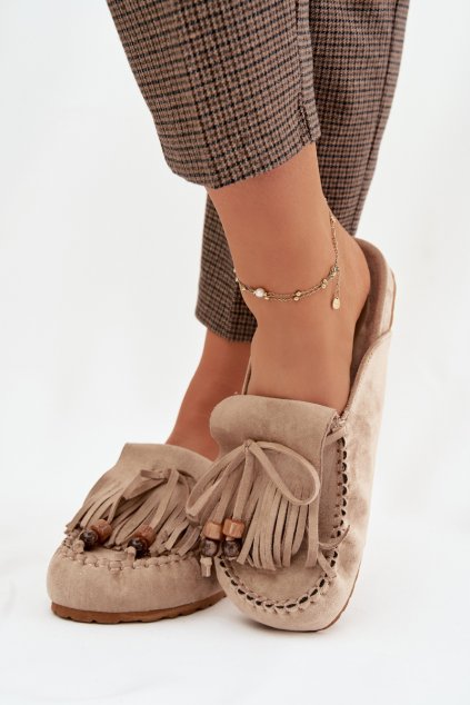 Dámske papuče mule so strapcami a korálky béžove belissa / H8-528 KHAKI (Veľkosť 36)