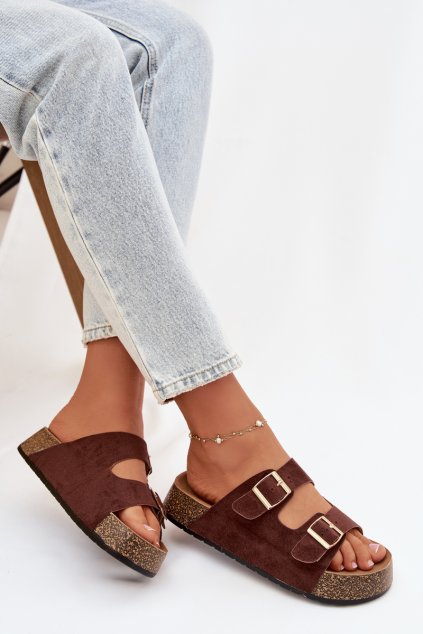 Dámske papuče na korkové platforme so zlatými sponami tovessa / LS-162 BROWN (Veľkosť 36)