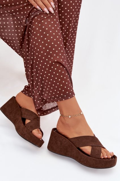 Dámske papuče na platforme z eco semišu čokoládovo hnedé calorine / G517 BROWN (Veľkosť 36)