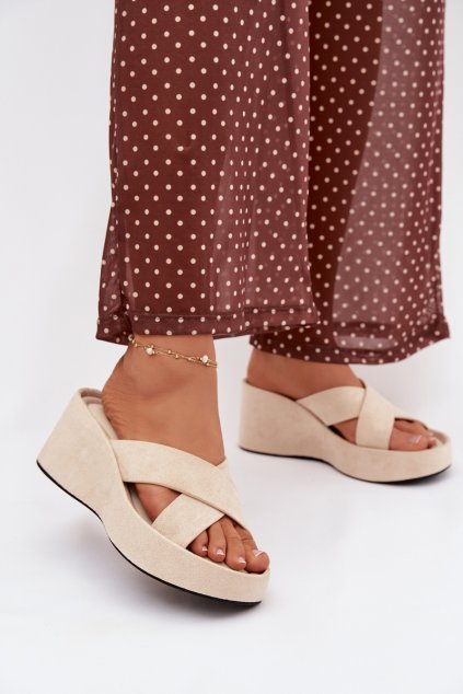 Dámske papuče na platforme z eco semišu béžove calorine / G517 BEIGE (Veľkosť 36)