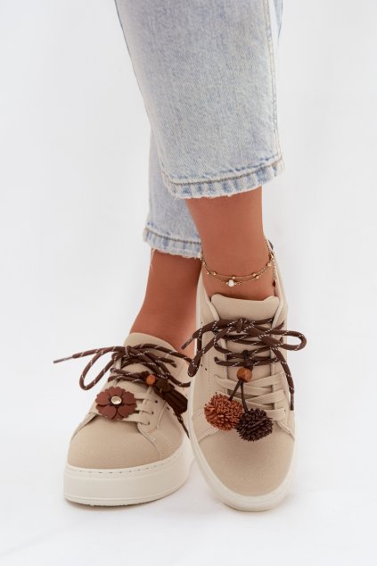 Dámske tenisky na platforme s ozdobnými pompony béžove corinna / D-123 BEIGE (Veľkosť 36)