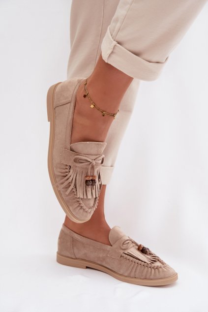 Dámske mokasíny so strapcami a korálky béžove teressa / 9772 KHAKI (Veľkosť 36)
