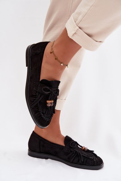 Dámske mokasíny so strapcami a korálky čierne teressa / 9772 BLACK (Veľkosť 36)